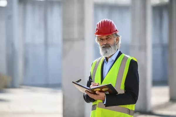 Das Bild zeigt einen Mann mit Schreibblock, Bauhelm und Warnweste auf einer Baustelle.